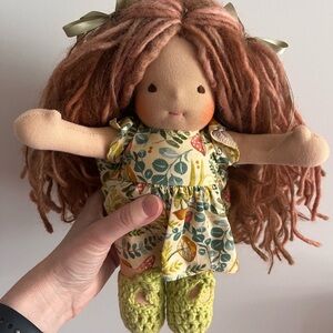Handcrafted Bamboletta Doll with Floral Dress and Brown Hair - all natural wool